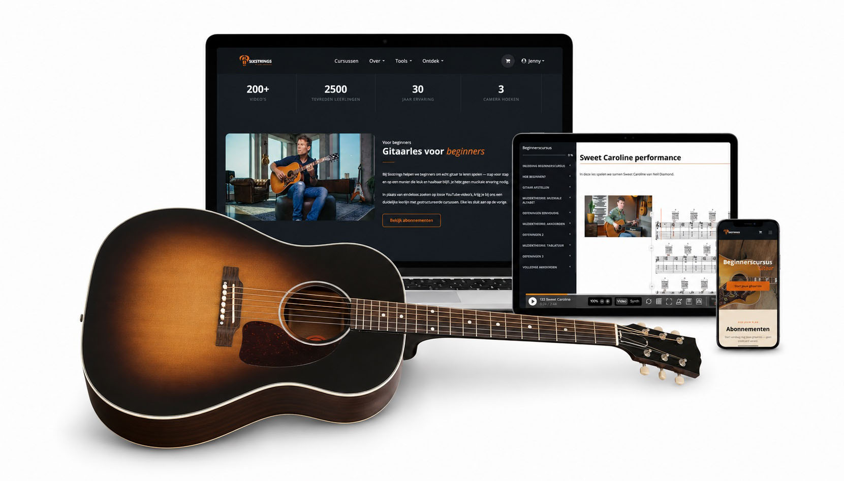 Sixstrings Liedjescursus op laptop, tablet en telefoon met gitaar