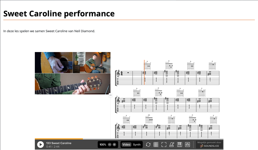 Een Soundslice-les van Sixstrings: drie camerahoeken tegelijk naast de meelopende tablatuur van Sweet Caroline, met de tempo-instelling linksonder